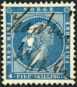 4. 4 skilling Oscar i fin mørk nyanse, anert med håndskrevet "Stordøen 24/12 62".