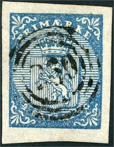 1. 4 skilling våpen 1855, anert med nummerstempel "260" (Selø, SF, 8 pkt). Gode marger, og del av arkrand nede.