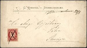 18. 3 skilling posthorn på konvoutt (fra Storelvedalen), annullert med blekkryss og ved siden håndskrevet"Hamarbanen 27/3".