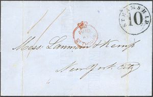 A complete letter with "Paid at St Thomas" and a US Postmark "Steamship 10" at front. "St Thomas No 25 1861"at reverse. Two verticale creases.