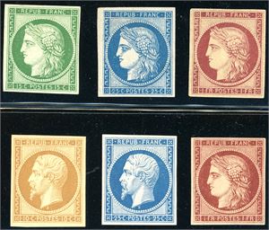 R 2/R 9. five reprints 1862. Both 185 values are unmounted. Also a 1 Fr which is probaly a reprint. Both 1 Fr are without gum.