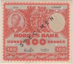 100 kroner 1950 X.0000000 Specimen. Kv.01