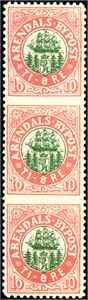 Arendal Bypost nr 10 vt 1. 10 øre rød/grønn i vertikal 3-stripe der det midterste merket er utagget oppe og nede. Midtre merke er letthengslet.