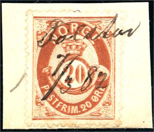 27. 20 øre skravert Posthorn på lite brevstykke, anert med håndskrevet "Følstad 7/3 82".