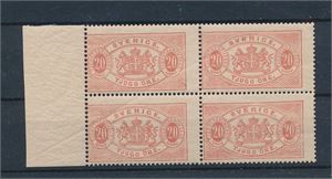 SVERIGE-TJENESTE xx Fac 18 20öre tg 13 i postfrisk 4-blokk. Skjev til venstre. Diagonal bøy skyldes papirproduksjonen (Facit 16800 for 4 enkeltmerker. men katalogen sier 6x merkeverdi for 4-blokker)