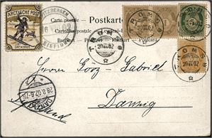 73,75,76,Spitsbergen E 1. Fire posthornmerker på postkort, stemplet "Tromsø 20.8.02" og ved siden påsatt en "Arctische Post"-etikett, stemplet "Spitzbergen Eisfjord" samt ankomstemplet i Danzig.