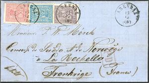 13 a,14,15 a. 15 skillings porto til Frankrike. 3 skill 3, 4 skill 4 og 8 skill 8 på brevomslag til La Rochelle, stemplet "Arendal 15.12.1868". Baksiden med stempel fra Paris og ankomststempel.