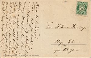 IV-793 - GOLS JERNBANESTATION (BU / 9), svakt avtrykk på udatert postkort til Hop st. pr. Bergen. Postkort motiv fra Gol stasjonsområde, L.K.Ødegaard nr. 197.