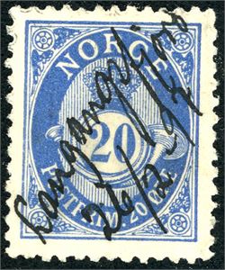 69. 20 øre grovtagget Knudsen, anert med håndskrevet "Langangsfjord 26/2 97".