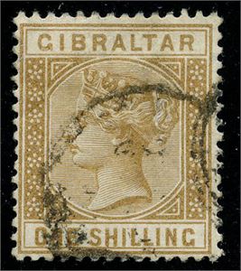 GIBRALTAR. 14. 1886. 1 sh. Gulbrun, stemplet . (AFA kr 2.000)