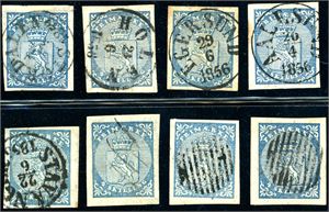 1. Åtte 4 skilling Våpen 1855, hvor en er annullert med blekkstreker, to med riststempel og 4 med datostempel.