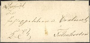 Komplett brev fra Kjøbenhavn til Frederiksværn 5 oktober 1813. Påskrevet "Duplikat" i øvre venstre hjørne, da det ofte var nødvendig å sende to like brev, ulike postveier, når brevinnholdet var viktig og det var krig.