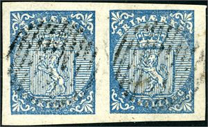 1. 4 skilling våpen 1855 i horisontalt par, hvert merke er anert med et lett riststempel. Gode marger. Pos. A 41-42.