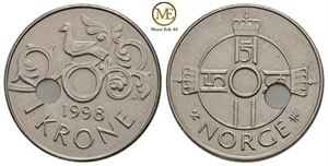 1 krone 1998 skjevt hull. Kv.01