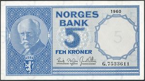 5 kroner 1960, serie G.7533611. 0