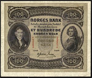 100 kroner 1944, serie C.3744044. 1/1+