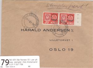 NK 429 30ø Norwex-55 i par på brev stemplet Oslo-Kristiansand S. 21-7-55 T 706