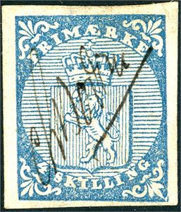 1. 4 skilling våpen, anert med håndskrevet navn "Chr. Nielsen" (Postmester). Meget uvanlige. Tre normale marger, noe smal nede.