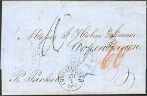 A completet letter from St. Croix 27th Februart 1862, and sent to Copenhagen, with "Christiansted 27.2.1862" cds and handwritten "pr. Packet" on front, and six postmarks on reverse: Two "St. Thomas" (one with one ring and one wwith two rings), "EH London Mr 18 62" two fom Hamburg and arriival cds "Kiøbenhavn 24.2". The letter with two small tears on top. Postage 60 sk to pay.