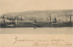 Drammen, motiv fra kaia Tangen med båter.  (Antagelig del av dobbeltkort….) st. Kristiania 7-2-1903  (ikke postkortbakside)