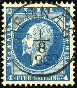 4. 4 skilling Oscar, vakkert stemplet "Hemnæs 1.8.1860".