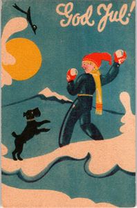 SPANGE. Gutt kaster snøball. Stpl 1935. (Norsk Julekort 214). Kv. 1-2