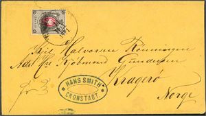 25. Russia. 7 Kop on envelope, cancelled "Cronstadt" in 1881, and sent to Kragerø, Norway. Two different postmarks at reverse.