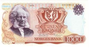 1000 kroner 1975 X.0135012 erstatningsseddel. Kv.01