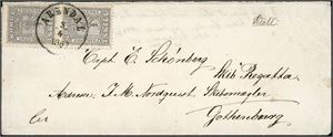 7. 6 skillings porto til Sverige. 3 skill i vertikalt par på liten konvolutt til Gøteborg, stemplet "Arendal 3.4.1867".