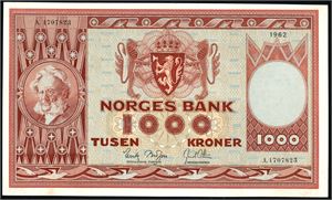 1000 kroner 1962, serie A.1707823. Ren og pen seddel, men minimale spor etter bruk. 01