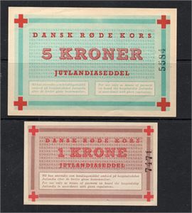DANMARK 1 och 5 kr "JULANDIA" sedlar, unc. Dessa sedlar var nödmynt som utfärdades av Dansk Röda Kors
