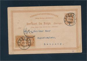 Nk 74 x2 på oppfrankert helsakskort stemplet "TRONDHJEM 1 II 04" til Leipzig, Tyskland. Oppgitt Bk 25 type 1