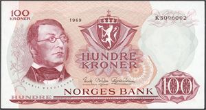 100 kroner 1969, serie K 3096002. 0