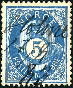 24 III. 5 øre skravert Posthorn, anert med håndskrevet "Holme 17/8  83" (AA).