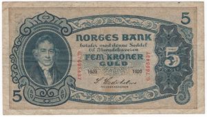 5 kroner 1920 G.7695437. Kv.1