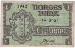 1 krone 1942 A.643022. London Utg. Kv.1/1-