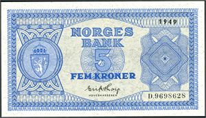 5 kroner 1949, serie D.9698628. 0