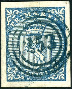 1. 4 skilling våpen 1855, anert med nummerstempel "253" (Sandefjord, VF) i blått.