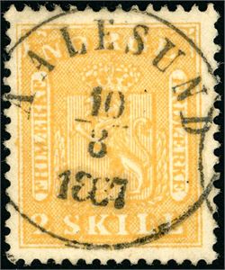 6. 2 skill, vakkert fullstemplet "Aalesund 10.8.1867". Del av annet stempel.