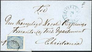1. 4 skilling våpen 1855 på brevomslag, anert med riststempel, og ved siden stemplet "Christianssand 26.8.1856". Merket med brede marger i alle sider.