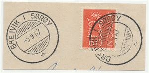 Hjelpestempel BREIVIK I SØRØY (FI) HJ-SA -5 9 67 på klipp med NK 597 I. Meget pene avtrykk. Ikke reg. hos Aspaker.