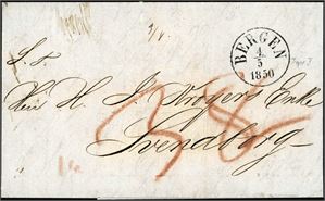 Komplett ubetalt brev, stemplet "Bergen 4.5.1850" (t.1) og sendt til Svendborg, Danmark. Satt i porto med totalt 38 Rbs. transittstemplet "Kiøbenhavn" på baksiden.