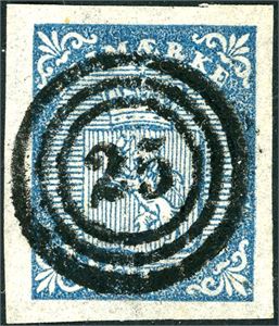 1. 4 skilling våpen 1855, anert med nummerstempel "25" (Bergen). Gode marger.