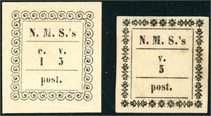 Madagascar Misjonsmerke nr 1 og 2. To merker med hhv. valørene "v.5" og "e.1 v.5". Begge uten lim.