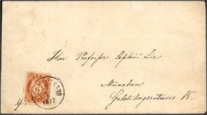 20. 6 skilling Posthorn på konvolutt til Tyskland, stemplet "Tvedestrand 23.9.1877". Ankomststempel på baksiden.
