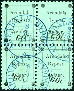 Arendal Bypost nr 11 a. 1 øre "GOU" i 4-blokk, stemplet "Arendals Bypost 8.3.1886" i blått.