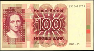 100 kroner 1985, nr 3350093705. 0