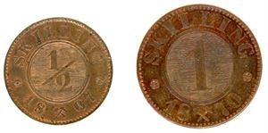 11 norske mynter fra perioden 1831-1870: Åtte stk 1/2 skillinger, 2 stk 1 skilling og en 2 skilling. 1/2 skilling 1867 og 1 skilling 1870 er i meget god kvalitet. +VK