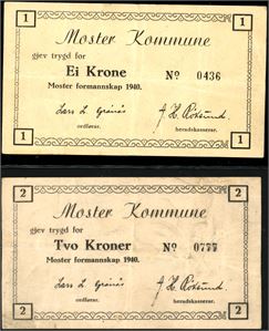 Moster Kommune 1940. Ei Krone og Tvo Kroner. Begge med bretter, men ingen rifter.