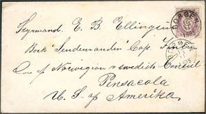 47. 25 øre 21 mm på konvolutt, stemplet "Borøen 16.11.1885" og sendt til Pensacola, U.S.A. baksiden stemplet "Tvedestrand", New York" samt "Pensacola.Fla. Dec 8 1885".